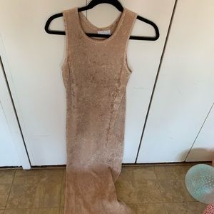 Long Gold T- Strap Formal Dress